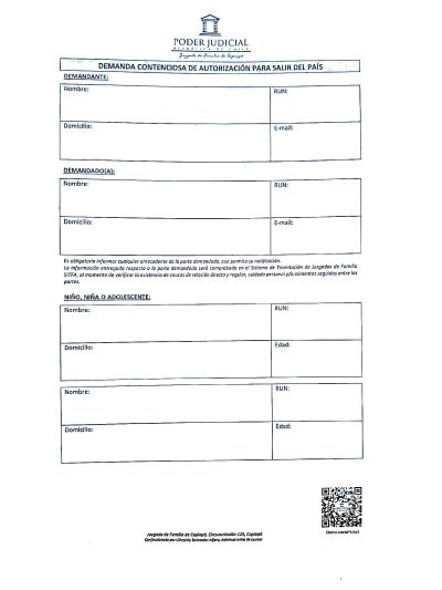 Бланк заявления в Tribunal de Familia о выезде несовершеннолетнего - 1.