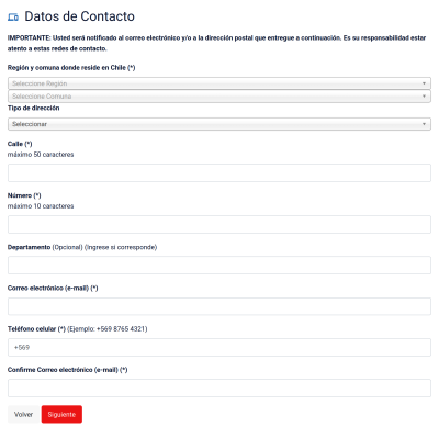 Контакты. Регион и коммуна проживания в Чили, тип адреса (можно выбрать как частный, так и адрес юрлица), улица, номер дома, номер квартиры (если есть); электронная почта, мобильный чилийский номер, подтверждение электронной почты.