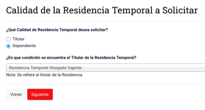 Выбрать "Dependiente". В выпадающем списке остается одна опция - Residencia Temporal Otorgada Vigente.